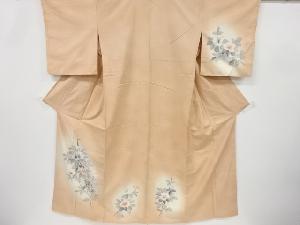 アンティーク　手描き花模様手織り真綿紬単衣着物